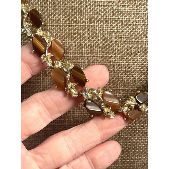 Thermoset Lucite Choker Necklace w AB Stones Tigers Eye Effect Mixed Root Beer - Picture 3 of 12